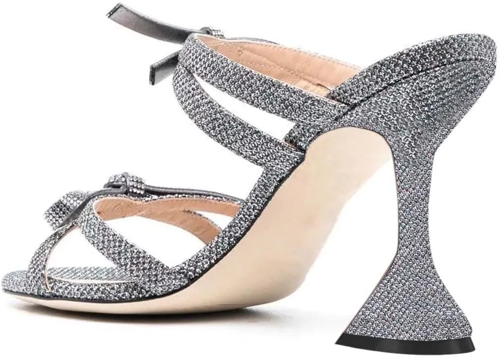 XYD Women Elegant Rhinestones Bows Open Round Toe Slip On Mule Sandals High Spool Heel Slipper Slides Comfortable Party Chic Shoes