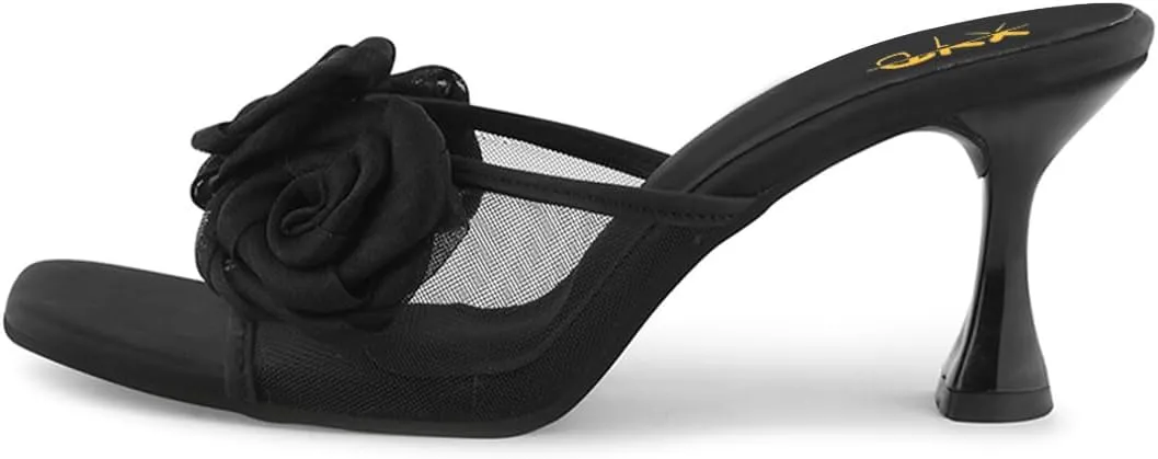 XYD Women Oversized Rose Flower Sandals Mid Heels Square Open Toe Slip-on Flared Mule Shoes for Beach Trip