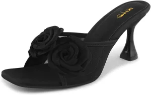 XYD Women Oversized Rose Flower Sandals Mid Heels Square Open Toe Slip-on Flared Mule Shoes for Beach Trip