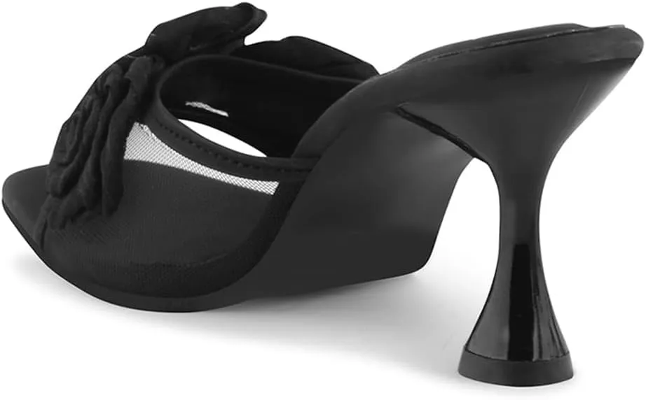 XYD Women Oversized Rose Flower Sandals Mid Heels Square Open Toe Slip-on Flared Mule Shoes for Beach Trip