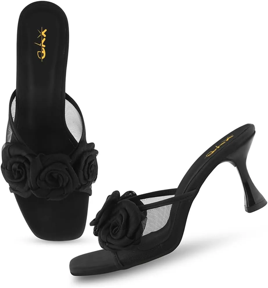 XYD Women Oversized Rose Flower Sandals Mid Heels Square Open Toe Slip-on Flared Mule Shoes for Beach Trip