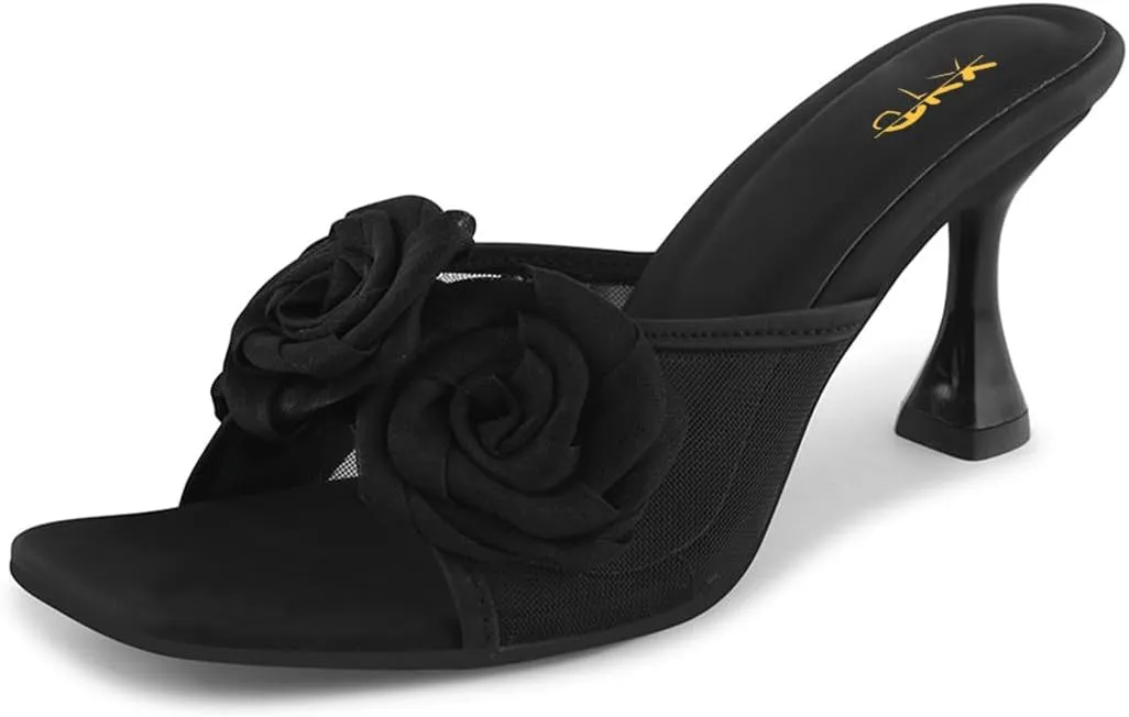 XYD Women Oversized Rose Flower Sandals Mid Heels Square Open Toe Slip-on Flared Mule Shoes for Beach Trip