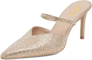 XYD Women Pointed Closed Toe Mules Single Strap Slip On Mid High Heels Sandals Stilettos Chic Ladies Spring Summer Dress Wedding Party Shoes