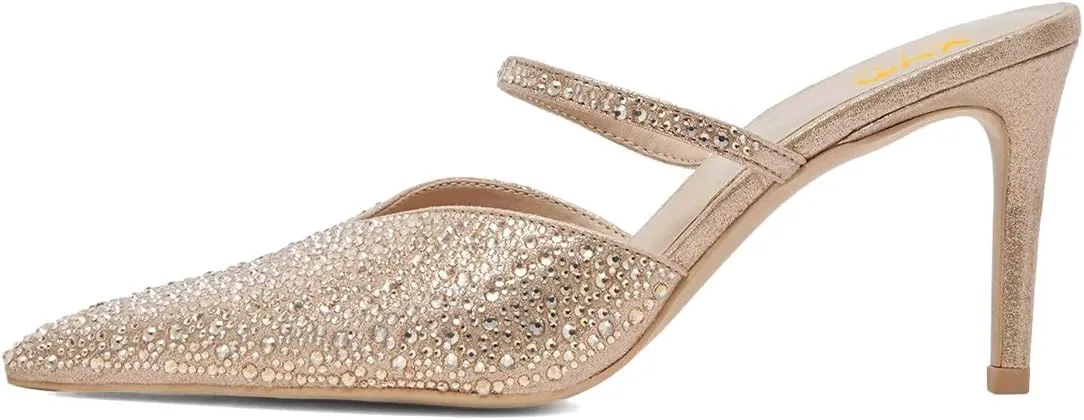XYD Women Pointed Closed Toe Mules Single Strap Slip On Mid High Heels Sandals Stilettos Chic Ladies Spring Summer Dress Wedding Party Shoes