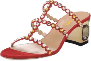 XYD Women Rhinestones T-Strap Mule Sandals Open Toe Slip On Mid Low Chunky Crystal Heel Slide Slippers Party Event Dress Shoes