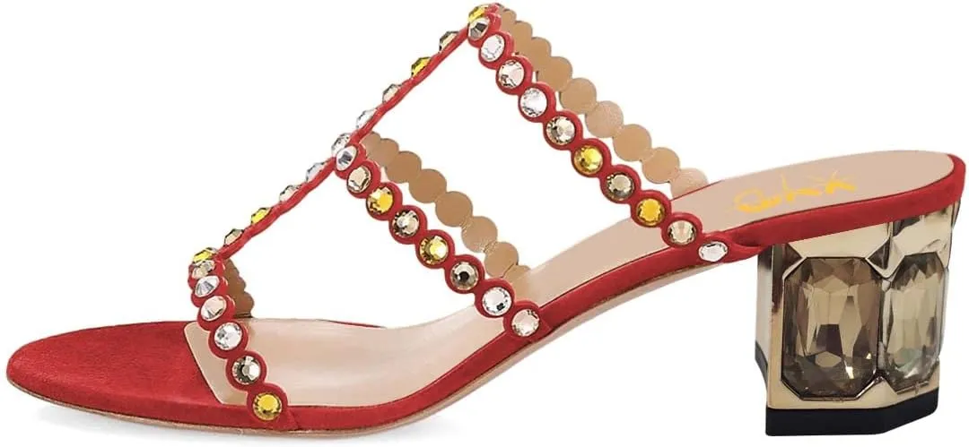 XYD Women Rhinestones T-Strap Mule Sandals Open Toe Slip On Mid Low Chunky Crystal Heel Slide Slippers Party Event Dress Shoes