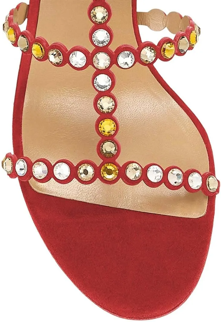 XYD Women Rhinestones T-Strap Mule Sandals Open Toe Slip On Mid Low Chunky Crystal Heel Slide Slippers Party Event Dress Shoes