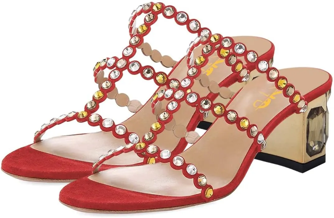 XYD Women Rhinestones T-Strap Mule Sandals Open Toe Slip On Mid Low Chunky Crystal Heel Slide Slippers Party Event Dress Shoes