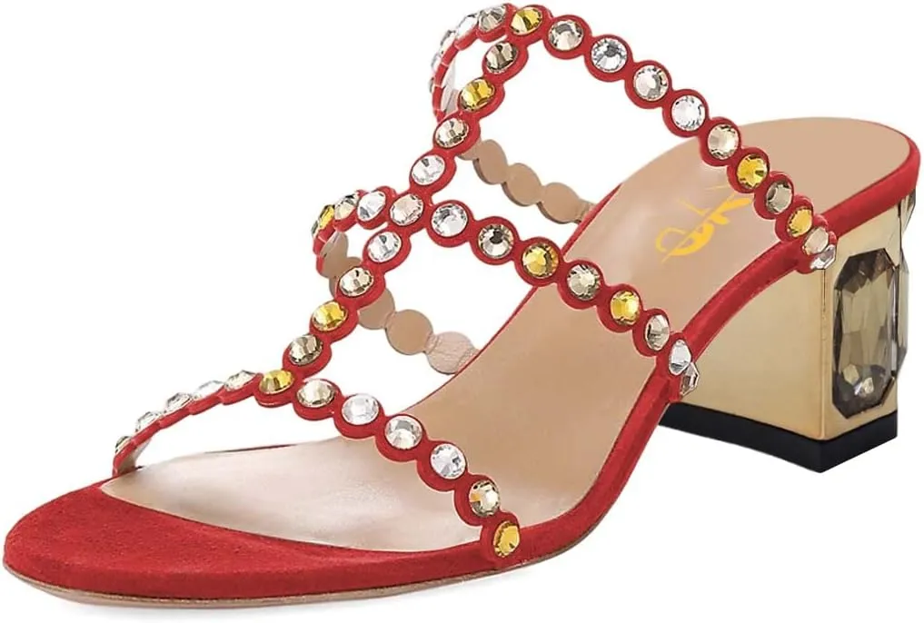 XYD Women Rhinestones T-Strap Mule Sandals Open Toe Slip On Mid Low Chunky Crystal Heel Slide Slippers Party Event Dress Shoes