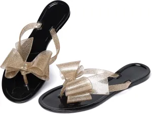 YANWENFANG Women Flip Flops Jelly Thong Waterproof Bow Summer Beach Rain Casual PVC Boho Vacation Flat Sandals