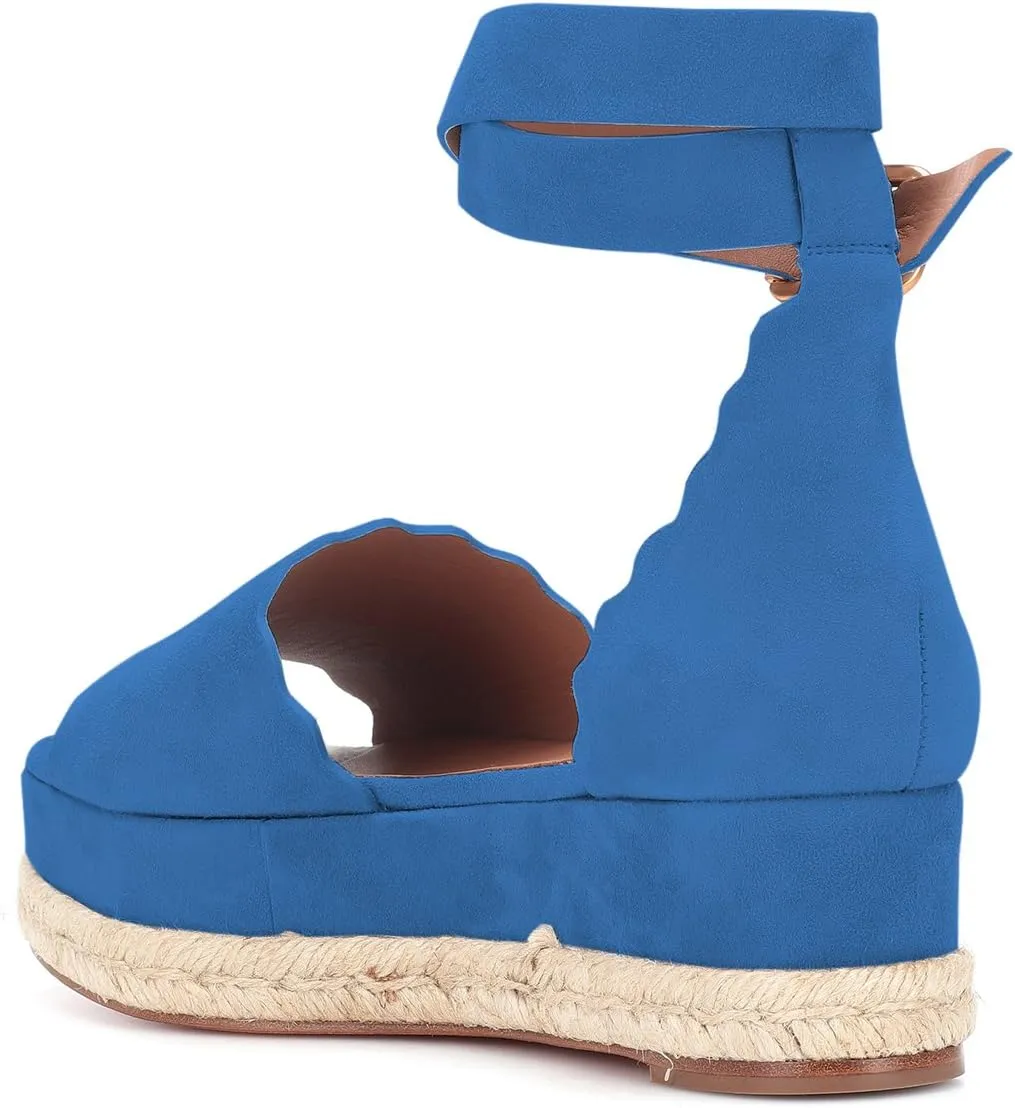 YDN Women Open Toe Platform Espadrille Sandals Ankle Strap Wedge Heel Pumps Wavy Edge Summer Shoes