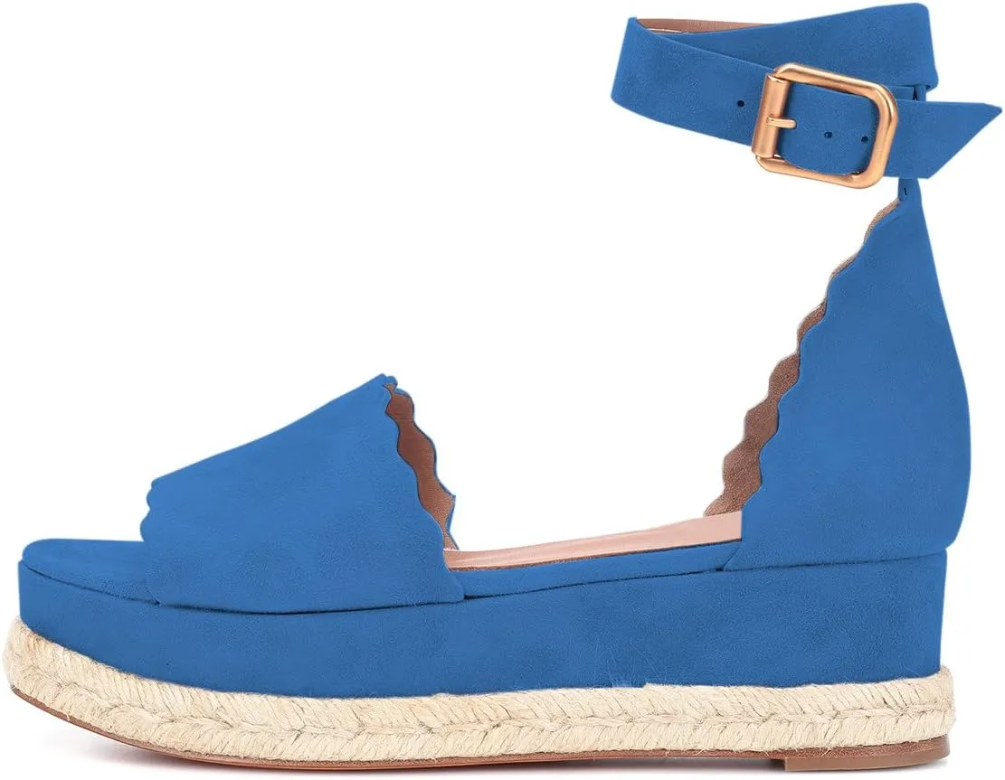 YDN Women Open Toe Platform Espadrille Sandals Ankle Strap Wedge Heel Pumps Wavy Edge Summer Shoes