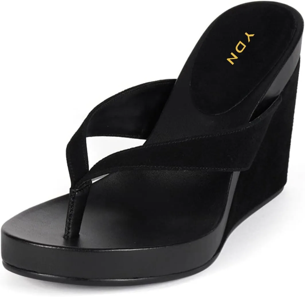 YDN Women's Wedge Heel Flip Flops Sandals Open Round Toe High Heels Slip On Dressy Party Thong Shoes Size 4-16 US