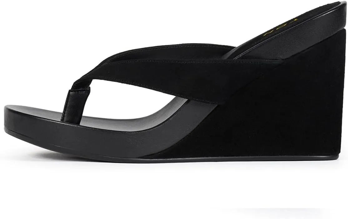 YDN Women's Wedge Heel Flip Flops Sandals Open Round Toe High Heels Slip On Dressy Party Thong Shoes Size 4-16 US