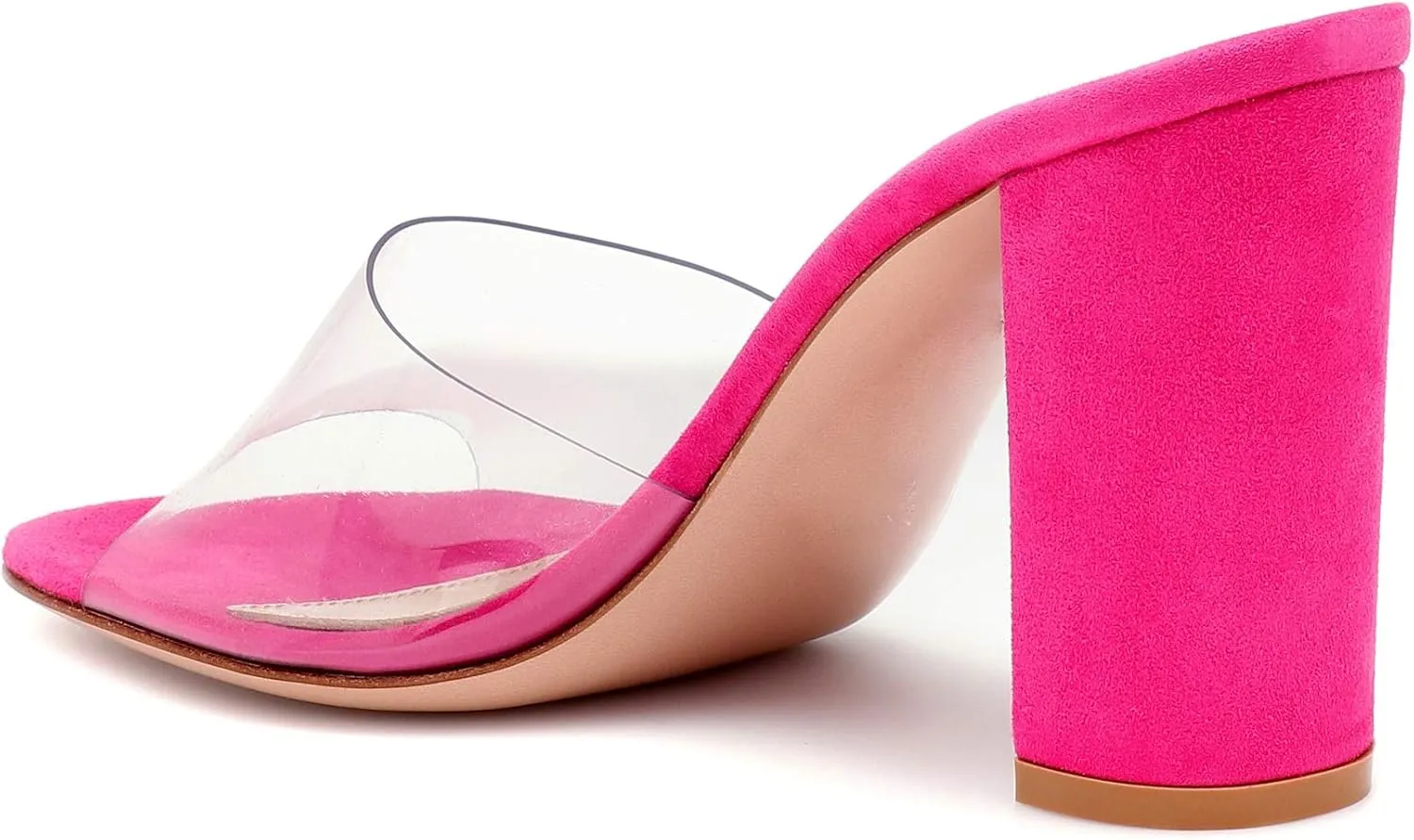 YODEKS Women's High Heel Sandals Clear Transparent Pumps Mule Shoes 4" Block Chunk Heel Slip On Slides Slippers