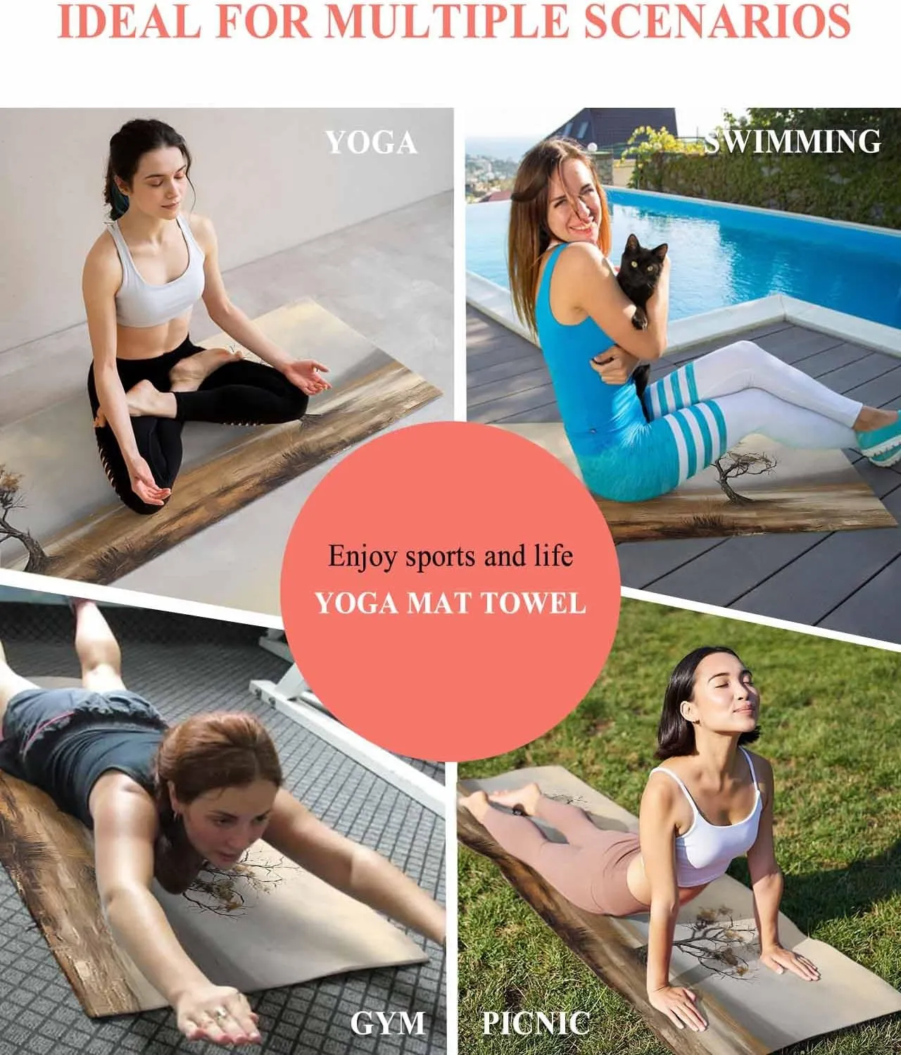 Yoga Mat Towel Oil Painting Tree on Grassland Non Slip Hot Yoga Mat Towel with Corner Pockets Absorbent Microfiber Yoga Towels for Hot Yoga, Bikram, Pilates, 26x70 Inch