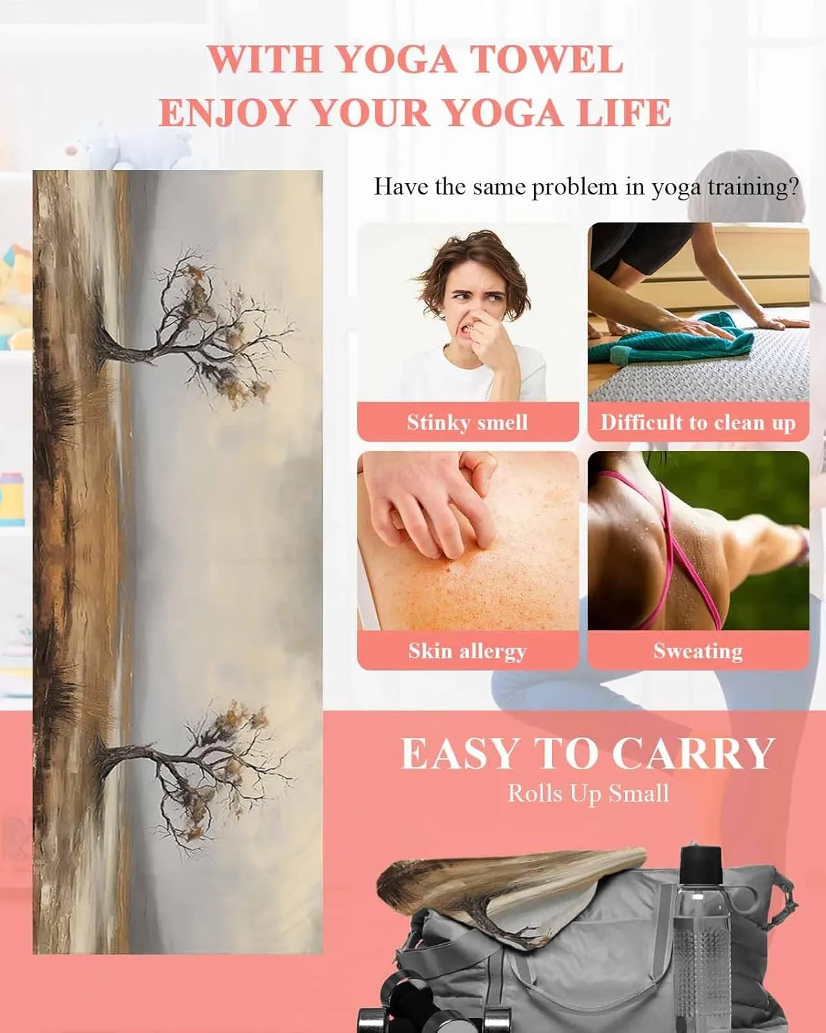 Yoga Mat Towel Oil Painting Tree on Grassland Non Slip Hot Yoga Mat Towel with Corner Pockets Absorbent Microfiber Yoga Towels for Hot Yoga, Bikram, Pilates, 26x70 Inch