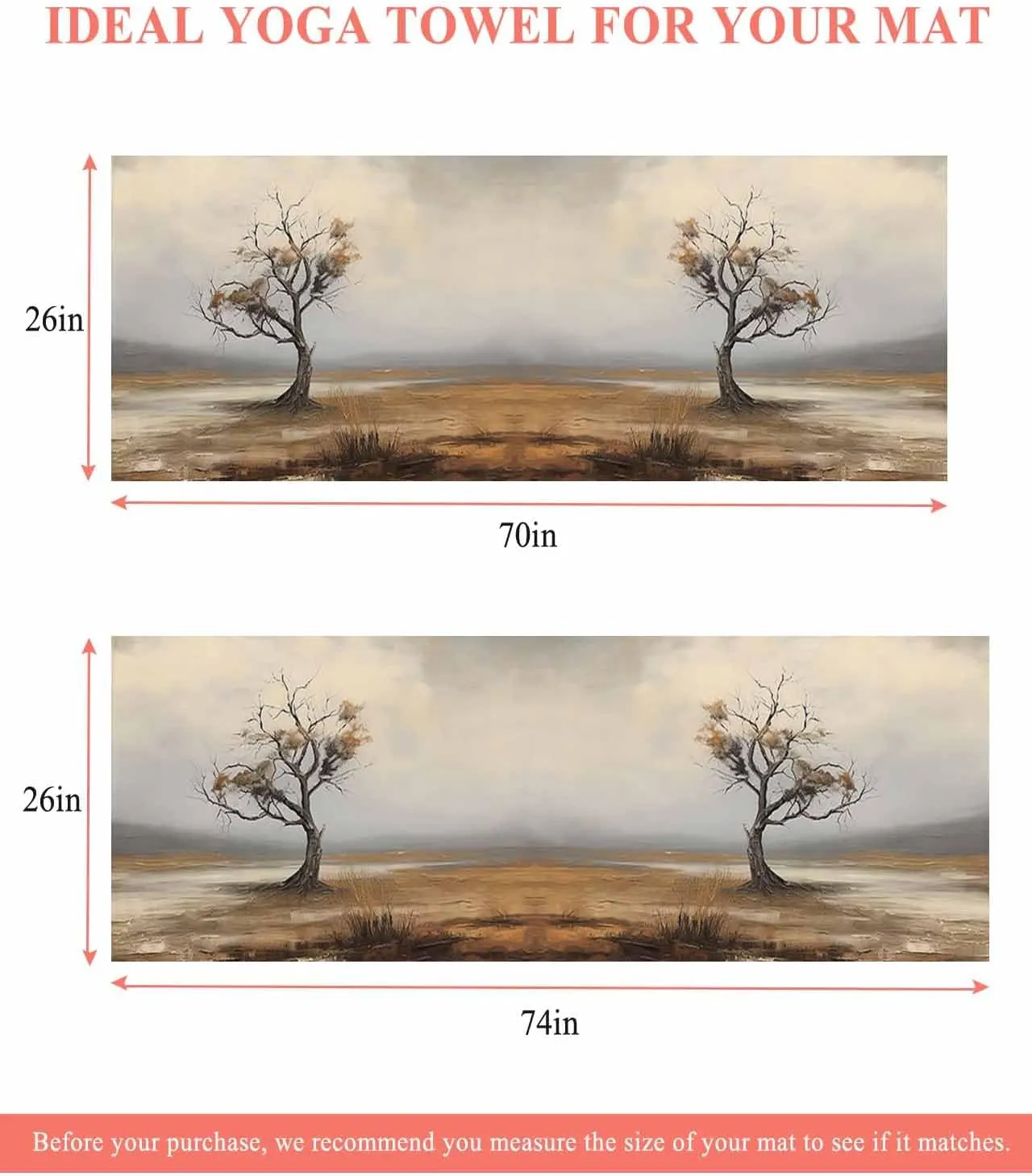 Yoga Mat Towel Oil Painting Tree on Grassland Non Slip Hot Yoga Mat Towel with Corner Pockets Absorbent Microfiber Yoga Towels for Hot Yoga, Bikram, Pilates, 26x70 Inch
