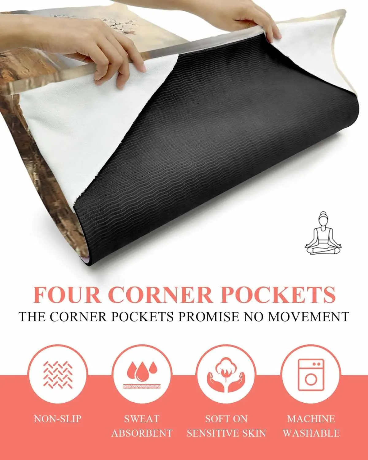 Yoga Mat Towel Oil Painting Tree on Grassland Non Slip Hot Yoga Mat Towel with Corner Pockets Absorbent Microfiber Yoga Towels for Hot Yoga, Bikram, Pilates, 26x70 Inch