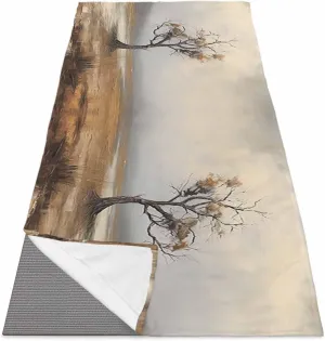 Yoga Mat Towel Oil Painting Tree on Grassland Non Slip Hot Yoga Mat Towel with Corner Pockets Absorbent Microfiber Yoga Towels for Hot Yoga, Bikram, Pilates, 26x70 Inch