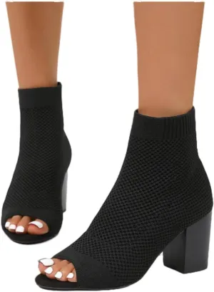 ZDLJYL Women's Knit Slingback Chunky Heel Ankle Boots Open Toe Booties Hollow Heeled Sandals Fashion Slip On Dress Sock Booties For Women