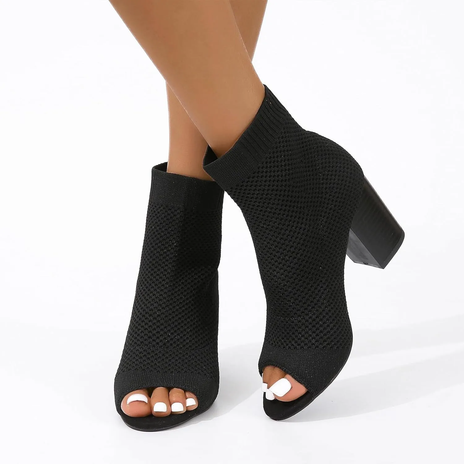 ZDLJYL Women's Knit Slingback Chunky Heel Ankle Boots Open Toe Booties Hollow Heeled Sandals Fashion Slip On Dress Sock Booties For Women
