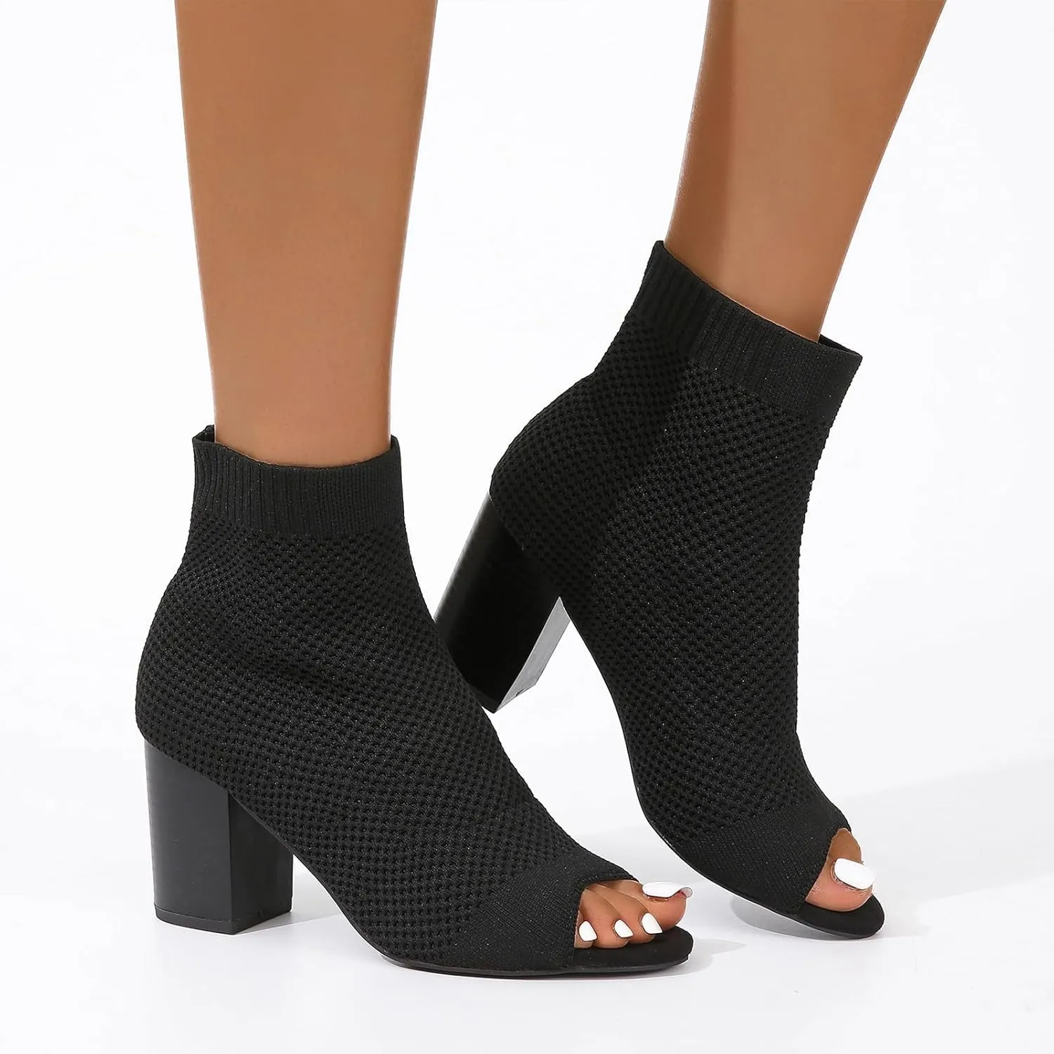 ZDLJYL Women's Knit Slingback Chunky Heel Ankle Boots Open Toe Booties Hollow Heeled Sandals Fashion Slip On Dress Sock Booties For Women