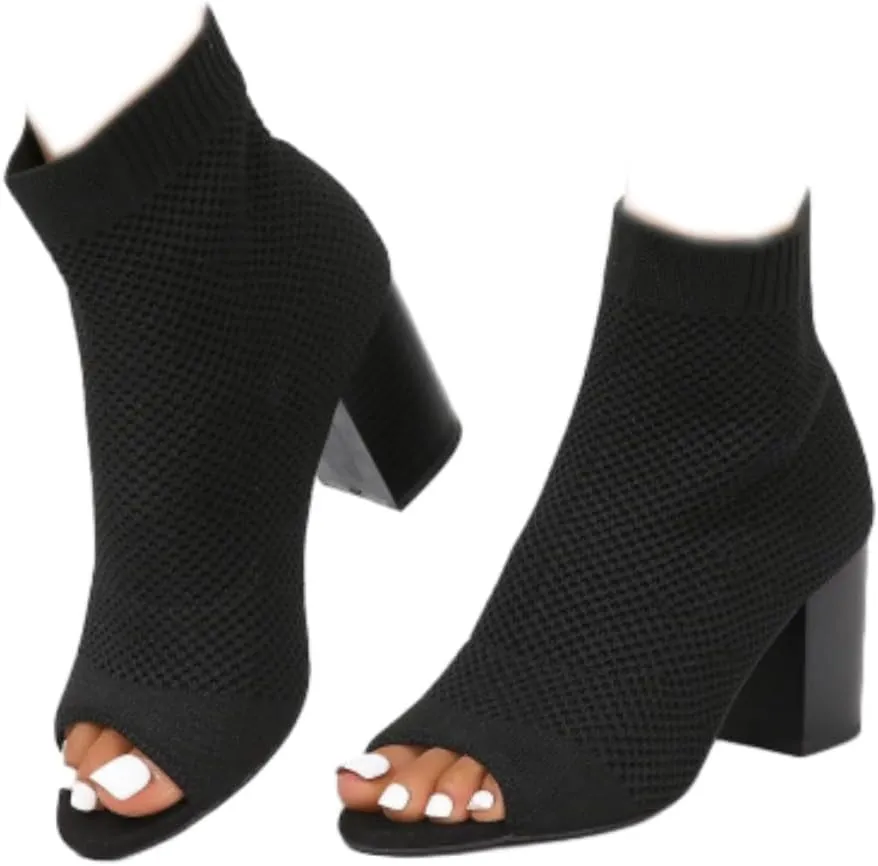 ZDLJYL Women's Knit Slingback Chunky Heel Ankle Boots Open Toe Booties Hollow Heeled Sandals Fashion Slip On Dress Sock Booties For Women