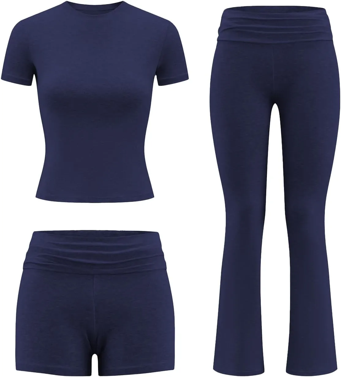 ZFLM Fashion and Casual Women's 3-Piece Set Short Sleeved High Waist Folded Shorts Bellbottom Pants Sports Set