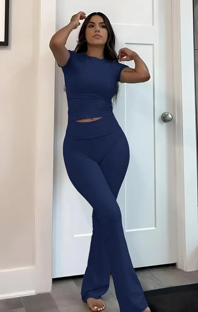 ZFLM Fashion and Casual Women's 3-Piece Set Short Sleeved High Waist Folded Shorts Bellbottom Pants Sports Set