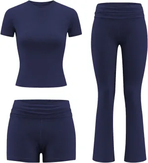 ZFLM Fashion and Casual Women's 3-Piece Set Short Sleeved High Waist Folded Shorts Bellbottom Pants Sports Set