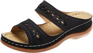 ZWRXW Summer Sandals for Women 2025 Arch Support Orthopedic Sandals Embroidered Vintage Slip On Flip Flops Anti-Slip Breathable Walking Slippers Flat Comfortable Wedge Sandal